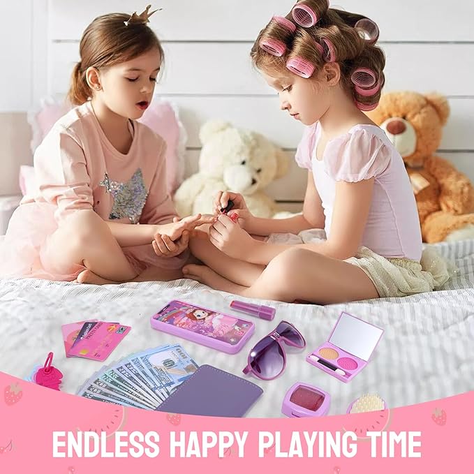 Pretend Play Purse for Little Girls, Toddler Purse with Pretend Makeup Toys for Toddlers, Princess Pretend Play Purse Toys, Kids Purse Toy Birthday Gift for Girls Age 3 4 5 6+ (Purple)