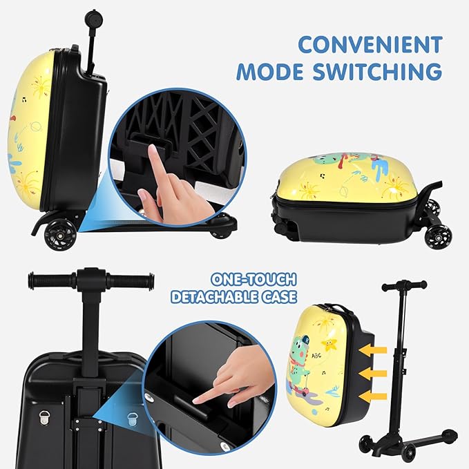 smilesun 4-in-1 Detachable Scooter Luggage for Kids & Teens, Hardside Ride-On Suitcase with Dinosaur Design, Lightweight Foldable, Perfect Travel Gift for Boys(Yellow 22-inch)