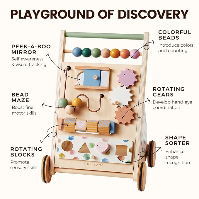 Tiny Land Wooden Baby Walker, Adjustable Speed Baby Push Walker for Boys and Girls, Montessori Activity Center Push Toy for Kids' Development, Ideal Christmas Gift for Toddlers (Morandi)