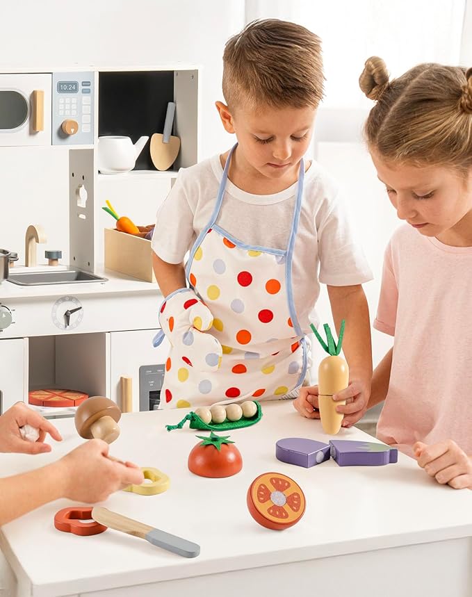 ROBUD Wooden Toy Food Set, Cutting Play Food for Kids Kitchen Accessories Pretend Toy Food Playset with Storage Bag, Toys Gifts for Girls Boys Age 3+, Vegetable Set