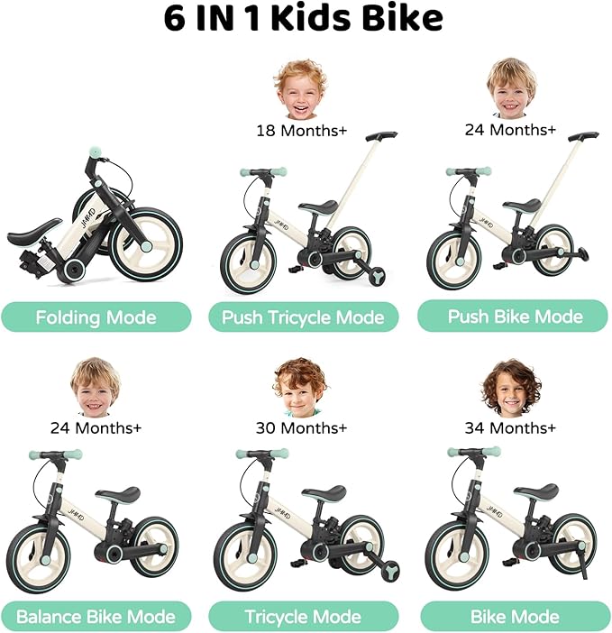 JMMD Toddler Bike with Push Handle for Kids 18-60 Months, 6 in 1 Foldable Push Bike with Training Wheels, Pedals, Brakes, Kickstand, Kid Balance Bike Gift & Toys for Boy & Girl
