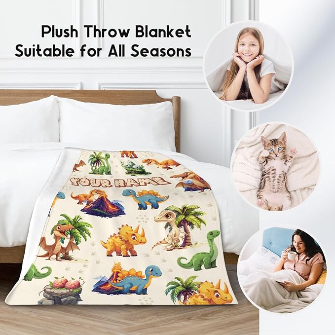 Personalized Kids Blankets for Boys Girls, Custom Dinosaur Blanket for Boys, Soft Fuzzy Flannel Throw Gifts Ideal, 60"x80" Kid Dinosaur Gift