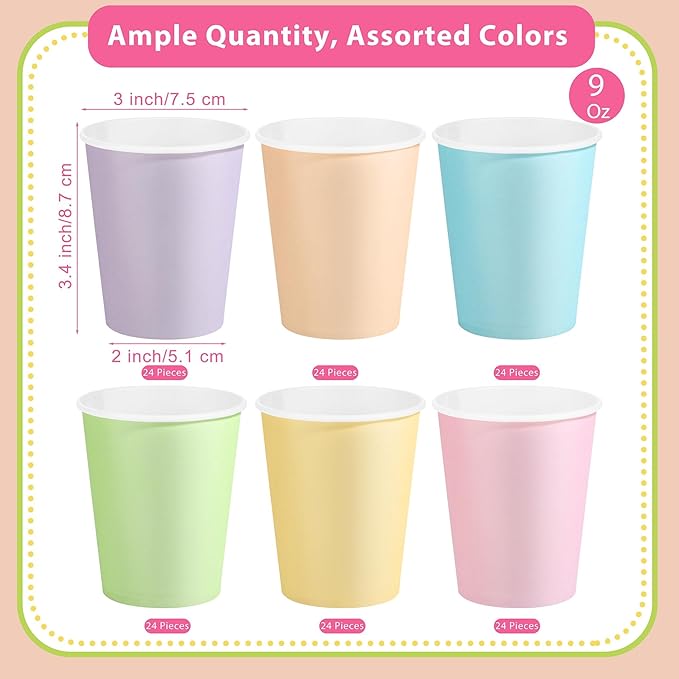 144 Pieces Pastel Rainbow Paper Cups 9 Oz Disposable Coffee Paper Cups Multicolor Party Cup Beverage Drinking Cup for Wedding, Birthday, Holiday Party, DIY, and Picnic