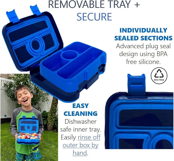 Bento Lunch Box with Bag, Water Bottle & Ice Pack Set for Kids Toddlers, 4 Portion Sections, Removable Tray, Pre-School Boy Toddler Daycare Lunches, Insulated Snack Container, Blue Space Dinosaur