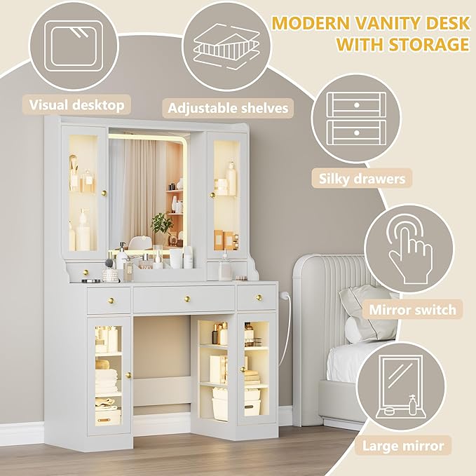 Vanity Desk with Mirror and Lights, Pink Makeup Vanity Table with 3 Modes & Adjustable Brightness, Glass Cabinets, Drawers, Outlet, Modern Dressing Table for Bedroom, Girls, Women, Teens