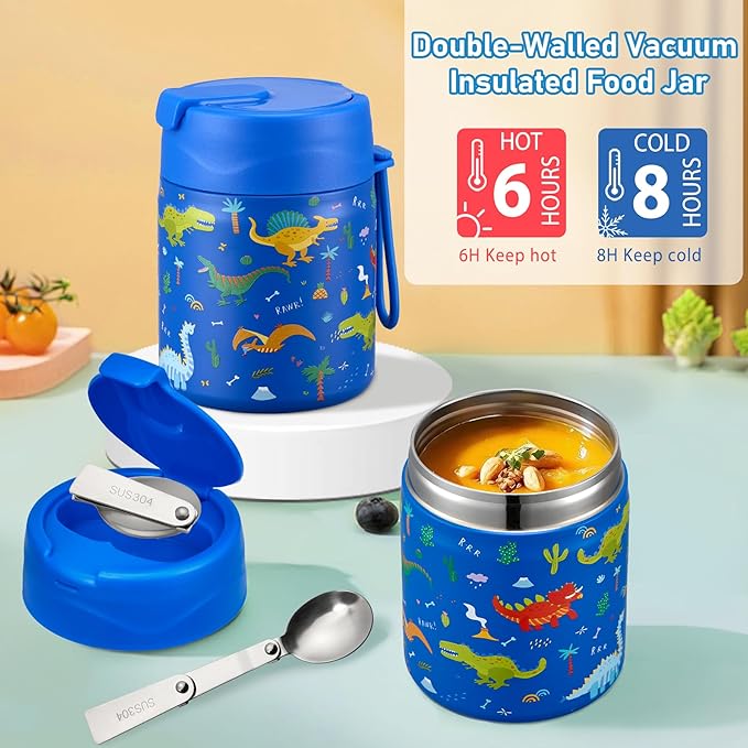 Bento Lunch Box for Kids with 17oz Soup Thermo,Insulated Tumbler Water Bottle and Insulated Lunch Bag,Leak-Proof 3 Compartment Lunch Food Container with Ice Pack for Kids to School-Dinosaur