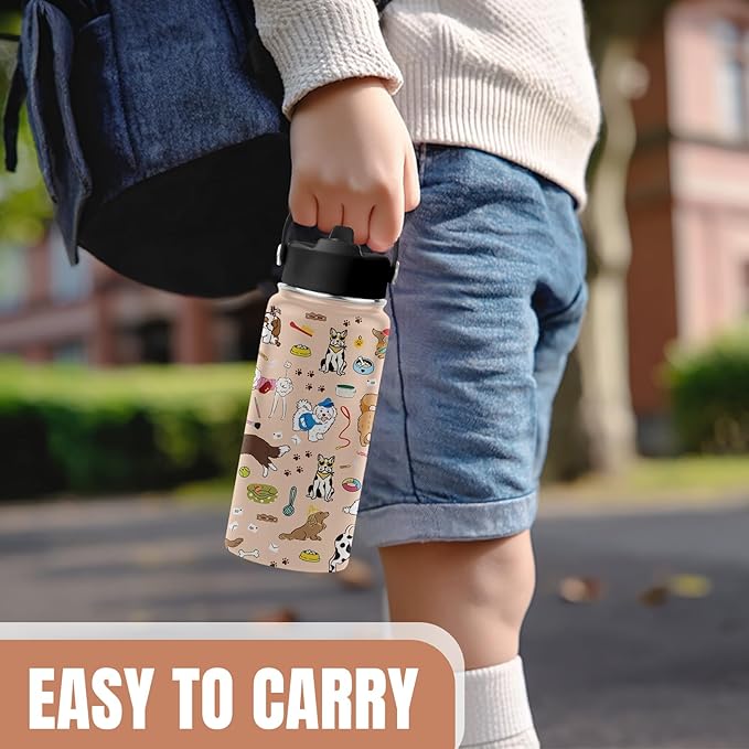 Dog Lovers Gifts, 16 oz Water Bottle with Straw Lid, Stainless Steel Insulated Tumbler, Cute Puppy Water Bottles, Dogs Cup Gifts