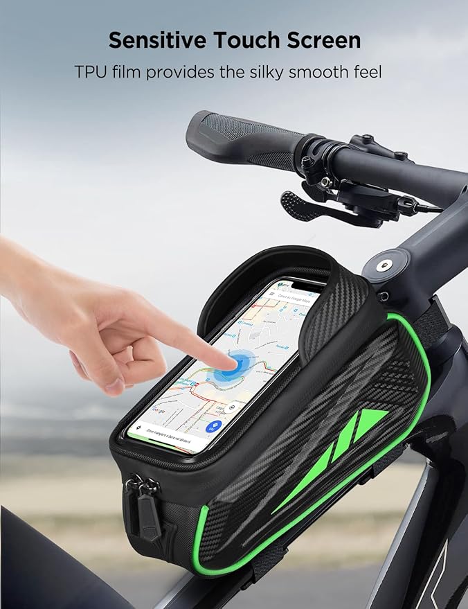 Bike Phone Holder Bag, EVA Waterproof Bicycle Front Frame Bag, Bike Accessories Cycling Pouch with Sensitive TPU Touch-Screen, Bicycle Phone Mount with Rain Cover for Phone under 7" (Green, 7 inch)