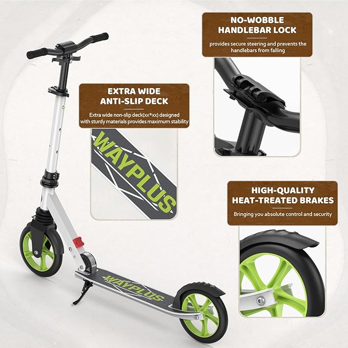Kick Scooter for Ages 6+,Kid, Teens & Adults. Max Load 240 LBS. Foldable, Lightweight, 8IN Big Wheels for Kids, Teen and Adults, 4 Adjustable Levels. Bearing ABEC9