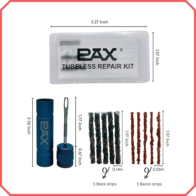 PAX 12 Pcs Tubeless Bike Tire Repair Kit, Includes Storage Canister, Plugger Tool, Plugs-5 Bacon, and 5 Black Strips. Fix a Puncture or Flat, Fast for MTB、Gravel Bike Tires and Road Bicycle Tires