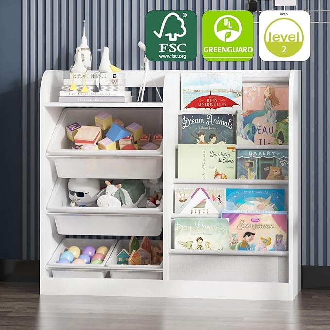 White Kids Wood Bookshelf Toy Storage Box Organizer Shelf W/4 Removable Plastic Toy Bins Children Bookcase Toddler Baby Sling Book Rack Cabinet Chest Girl Boy Gift Playroom Classroom Bedroom Nursery