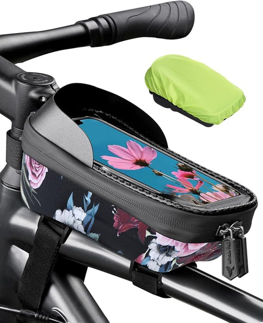 whale fall Hard Casing Floral Bike Bag, Never Deform/Waterproof, Bike Phone Mount with 0.25mm Sensitive TPU Touch-Screen, with Rain Cover for Phones under 6.9''