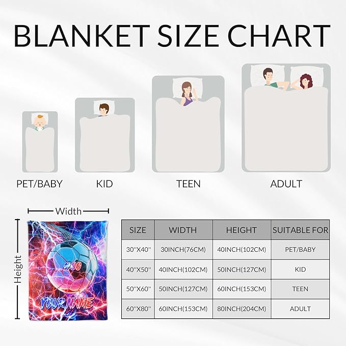 Personalized Kids Blanket Soccer Gifts for Boys 8-12 - Cozy Fuzzy Warm Sport Throws Stuff for Couch, Office & Travel