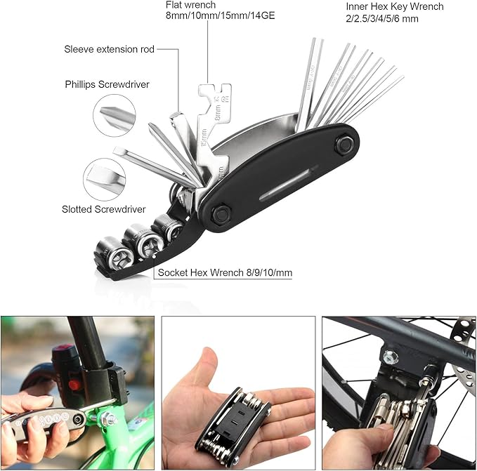 DAWAY Bike Repair Tool Kits - Bicycle Repair Bag & 120 PSI Bike Pump or Saddle Bag Set, with 16 in 1 Bicycle Multitool, Bike Tire Levers Wrench, Portable Patches Fixes - Practical Cycling Accessories