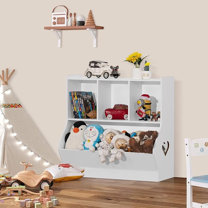 Lerliuo Kids White Toy Storage Organizer, Children Small Bookcase and Bookshelf, Toddler 4 Cubby Toy Storage Cabinet, Toy Shelf for Playroom, Bedroom, Living Room, Nursery, School 29.53'' H