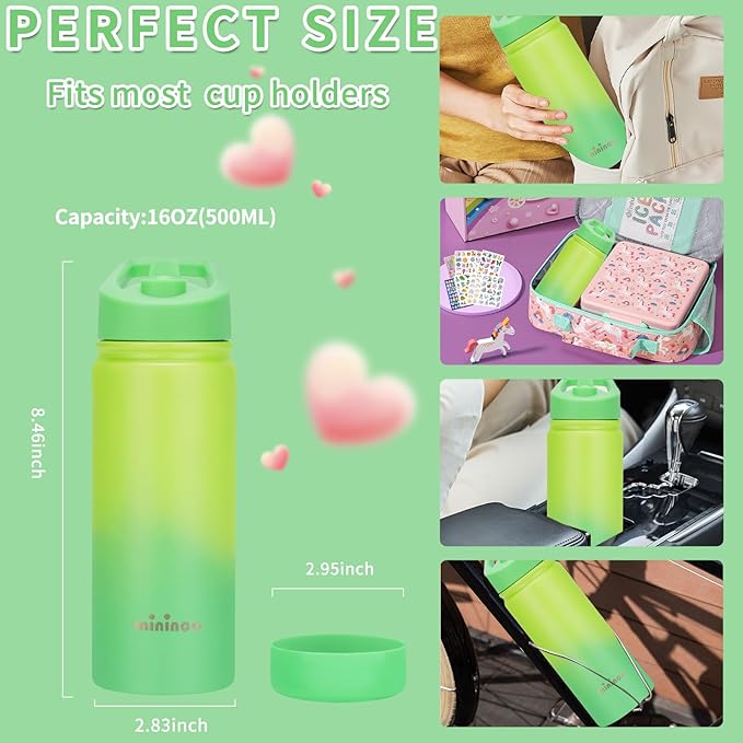 mininoo Kids Water Bottle for School, 16oz Stainless Steel Insulated Water Bottle Kids with Straw Lid for Girls, Boys (Lemon/Green)