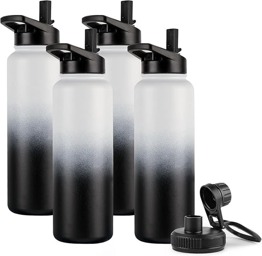 DOMICARE 40 oz Insulated Water Bottle Bulk, Vacuum Insulated Stainless Steel Sports Water Bottle with Straw Lid & Spout Lid, Leakproof, Reusable - Travel, Camping, Bike, Black White Gradient (4 Pack)