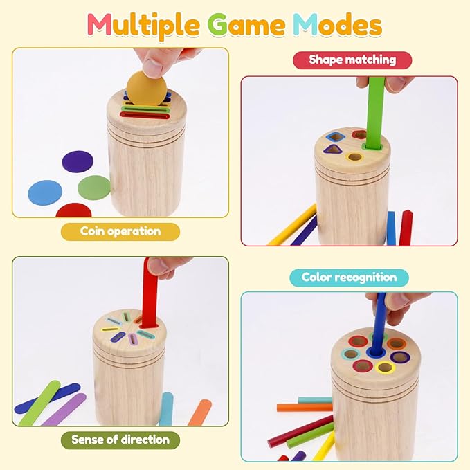 Shapes and Color Sorting Toys, 4 In1 Wooden Learning Color Sorting Toy Wood Montessori Game Set Sensory Educational Toys for Toddlers