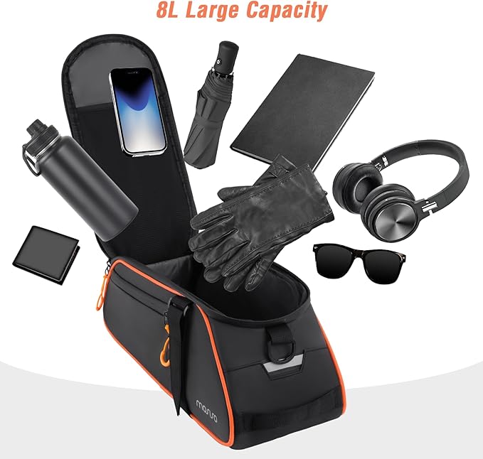 MOSISO Bike Rack Bag, 8L Waterproof Bicycle Rear Rack Trunk Bags with Orange Pull Tabs, Bike Rear Seat Bag Bicycle Storage Saddle Luggage Bags with Shoulder Strap for Road Mountain Cycling, Black