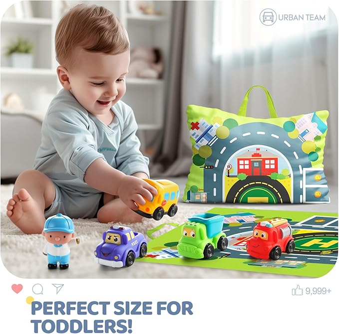 Soft Rubber Toy Figure Car for 1 Year Old Boy with Playmat (Storage Bag)|12 PCS Cartoon Cars Baby Toys for 12-18 Months & Toddler Age 1-2|First Birthday for 1 2 3 Year Old Boy