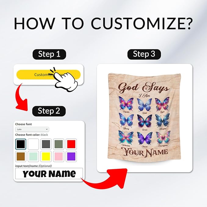 Personalized Butterfly Blanket with Name for Women, Girls & Kids - God Says I Am Fleece Fuzzy Throw for Couch, Inspirational Gifts for Her & Daughter, 50"x60"