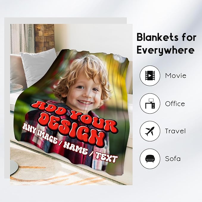 Personalized Blanket with Photo Picture - Custom Gift for Kid Teens Adults - Blankets with Name, Soft Fleece Throw for Couch, Bed