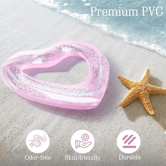 HeySplash Pool Floats, Adult Size Heart Inflatable Pool Floatie for Bachelorette Party, Swim Tube Rings, River Lake Beach Floaty, Wedding Bride Valentine Fun Toy Raft Lounge for Kids, Glitter Pink