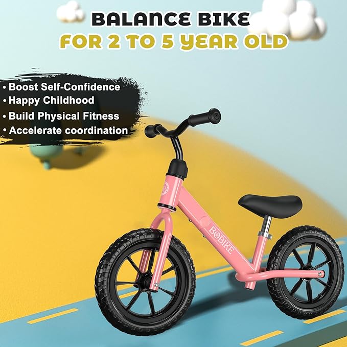 Bobike Toddler Balance Bike Toys for 2 to 5 Year Old Girls Boys Adjustable Seat and Handlebar No-Pedal Training Bike Best Gifts for Kids