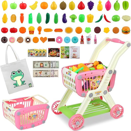 Kids Shopping Cart - 2 in 1 Toy Shopping Cart with Play Food Fruit Vegetable Dessert and Shop Accessories, 72pcs Pretend Play Grocery Store Toy Kitchen Game Trolley Play Set for Kids (Pink)