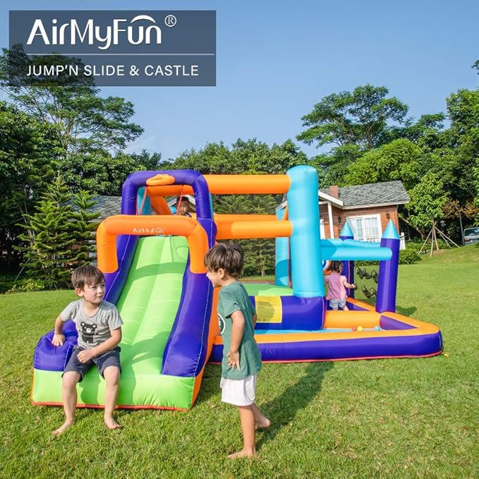 AirMyFun Inflatable Water Slide Bounce House with Long Curved Slide for Kids with Blower, Family Backyard Bouncy Castle with Fun Doorway Tunnel, Climbing Wall and Ball Shooting (High End)