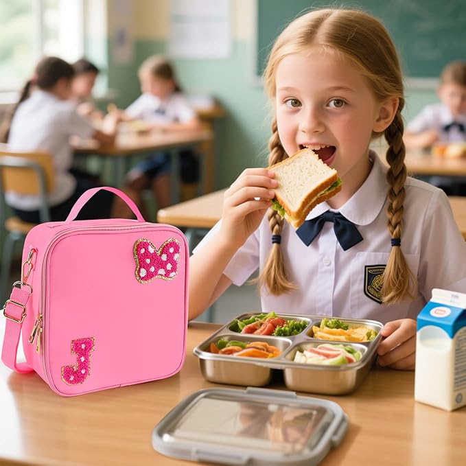 Preppy Initial Bow Mouse Lunch Bag, Kids Insulated Lunch Box Gifts for Teen Girls Daughter, Reusable Soft Lunch Containers Crossbody Cooler Bag Must Haves for Park Travel School Work Picnic Pink J