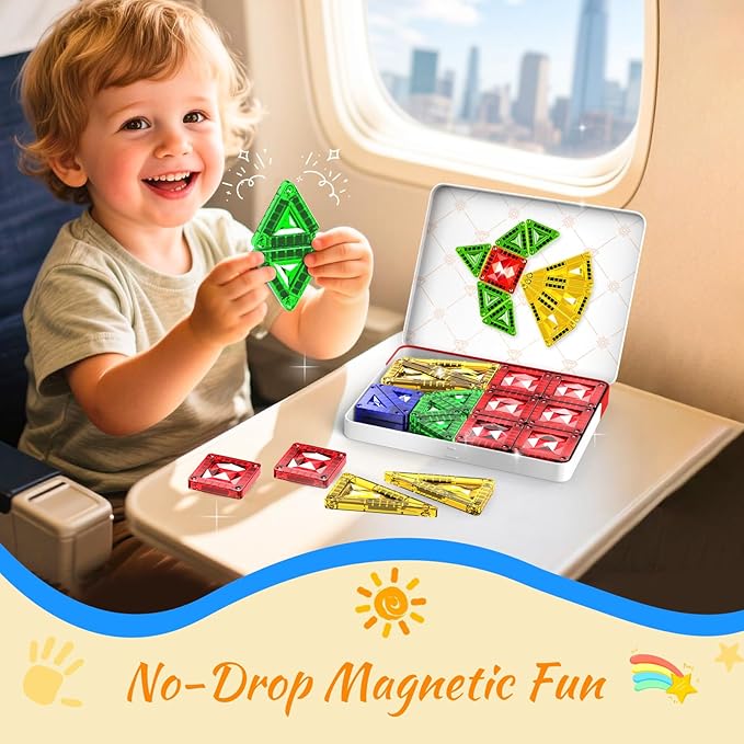 Mini Magnetic Tiles for Kids Ages 3-8, Travel Magnetic Building Blocks with Metal Storage Box, STEM Educational Toys, Montessori Sensory Learning Toys for Toddlers, Boys & Girls Gift for Christmas