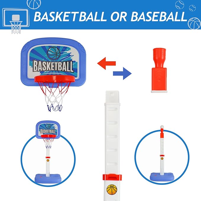 2 in 1 Toddler Basketball Set with Automatic Pitching Machine, Adjustable Height, Bathtub Hoop for Indoor/Outdoor Play, Blue