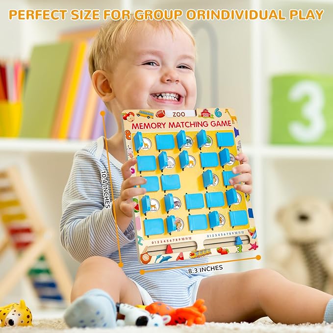 Matching Memory Game for Kids Age 3 4 5 6 7 8 Year Old, Travel Toy for Boys Girls, Wooden Board Game, Road Trip Essentials for Toddler, Airplane/Car/Camping Activity, Ideal Christmas, Birthday Gifts