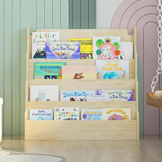 NACHES Kids Bookshelf Wooden 4 Tier Scalloped Bookshelf Toddler Montessori Bookcase Children Front Facing Display Book Shelves for Nursery Kids Room Reading Room Bedroom Classroom