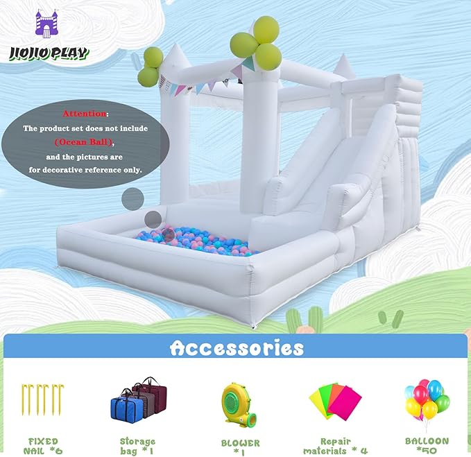 12 FT Oxford White Inflatable Bounce House, Bounce House With Ball Pit, Bounce House With Slide, Indoor And Outdoor Large Inflatable Castles Bounce House for Kids 3-12 Holiday Decoration Wedding Party