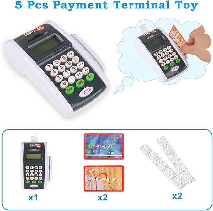 Payment Terminal Toys, Point of Sale Terminal with Light and Sound, Cash Register Toy with Credit Cards and Recipts, Pretend Play Toy for Children Age 3 and Up