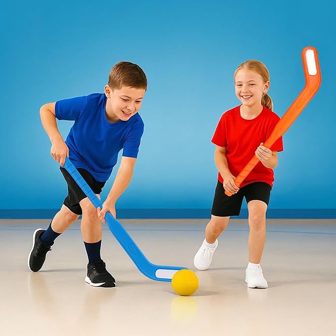 Kids Floor Hockey Stick Set - 29" Youth Indoor Outdoor Toys Sports Starter Set with Plastic Puck and Ball for Toddlers, Children Ages 3-7 (2 Pack)