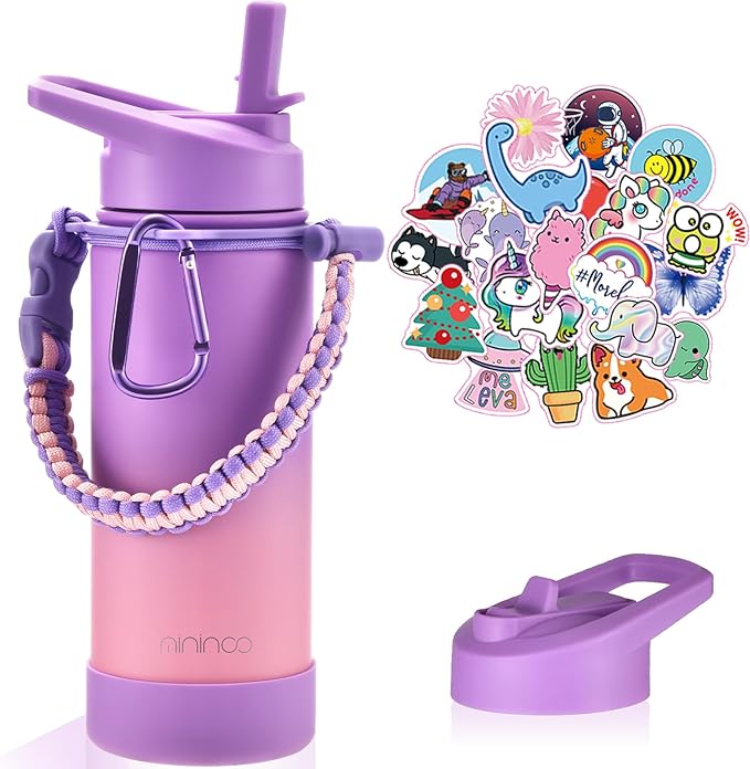 Mininoo Kids Water Bottle for School, 16oz Insulated Stainless Steel Water Bottle Kids with Straw Lid for Girls（Purple/Pink）