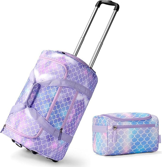 Choco Mocha Girls Mermaid Suitcase with Wheels Kids with a Kids Toiletry Bag Purple Rolling Duffle Bag for Camping Teen Girls Toddler Luggage Bag for Travel, 22inch