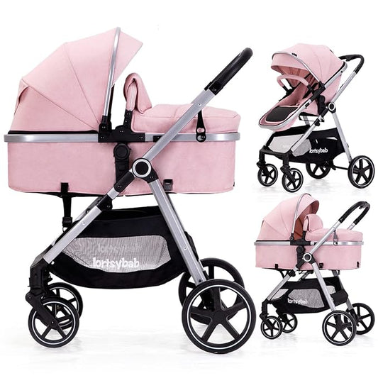 2-in-1 Baby Stroller - Folding Infant Newborn Pram Stroller with Reversible Seat - Toddler Strollers for 0-36 Months Old Babies (Pink)