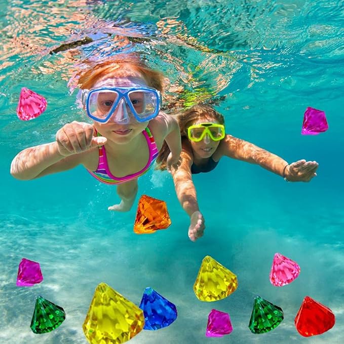 10pcs Set, Large Colored Acrylic Gems with Pirate Treasure Chest, Sinkable Pool Toys for Kids, Underwater Swimming Toys for Party Decorations (Large clip 1)