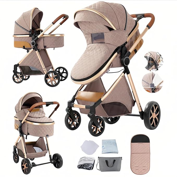 2 in 1 Baby Stroller with Bassinet Mode, Reversible Infant Pram, One-Click Folding, Newborn Travel Stroller, Convertible Toddler Standard Pram Carriage (X2US-Khaki)