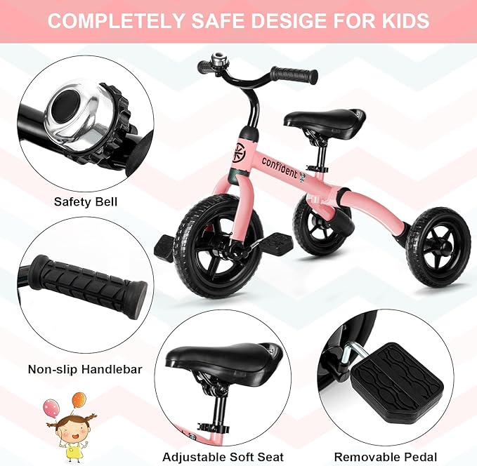 XPIY Tricycle for Toddlers Age 2 to 4 Years Old, 3 in 1 Folding Toddler Bike for Boys and Girls, Kids' Bike Trike with Detachable Pedal and Adjustable Seat Light Pink