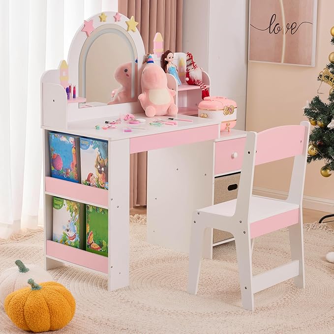 Karl home Kids Vanity Set with Lighted Mirror and Stool, Princess Makeup Vanity Desk with Bookshelf & Drawers, Toddler Dressing Table and Chair Set with Storage Shelves for Little Girls, White