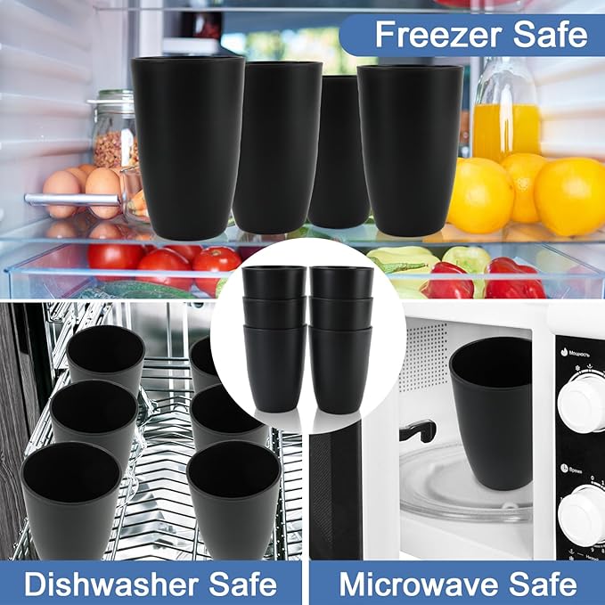 Wheat Straw Cups 20 OZ Set of 6, Unbreakable Drinking Cup Reusable, Alternative to Plastic Cups Reusable, Dishwasher Safe Drinking Glasses for Kitchen Water Tumblers (Black)