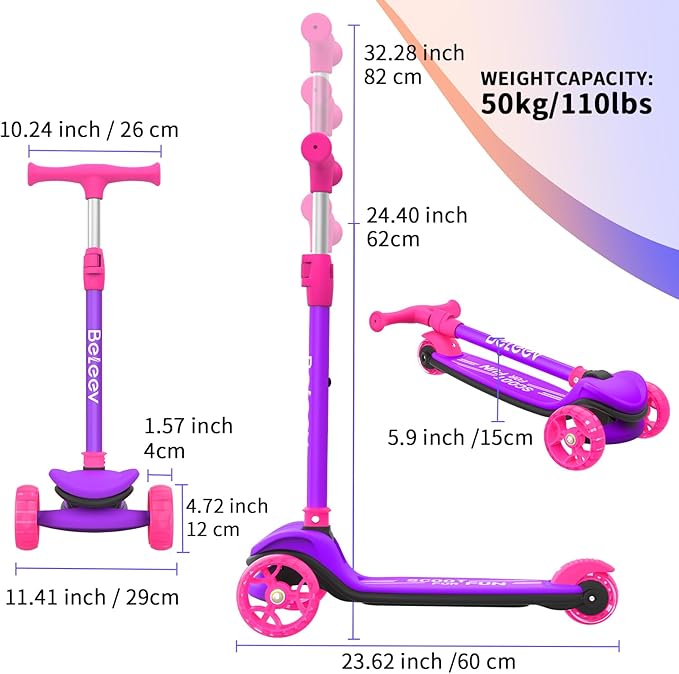BELEEV A8 Scooter for Kids Ages 3-12, 3 Wheel Folding Scooter for Toddlers Girls Boys, LED Light-Up Wheels, 4 Adjustable Height, Lean to Steer, Extra Wide Wheels, Three Wheel Kick Scooter for Children