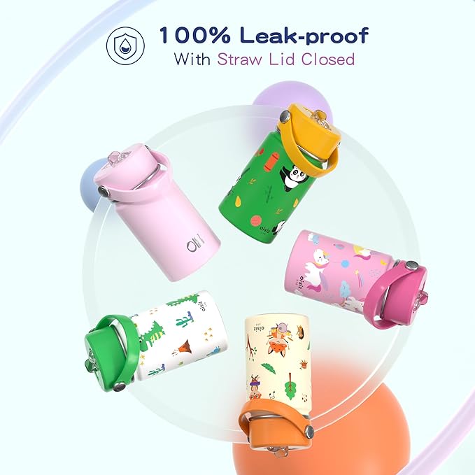OISIZ Kids Water Bottle with Straw Lid 10oz, Vacuum Insulated 316 Stainless Steel Water Bottles for Kids for School, Leakproof Water Bottle, BPA Free and Keep Cold for 24 Hours