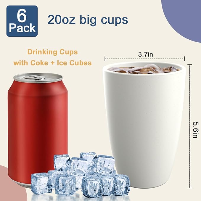 Drinking Glasses 20 OZ Tumbler Large Cups Wheat Straw Cups Set of 6 | Alternatives to Plastic Tumbler Dishwasher Safe Water Glasses Drinking Cup Reusable Cups for Kitchen - White