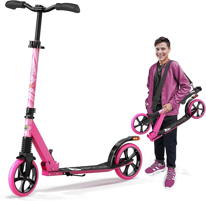 Kick Scooter for Ages 6+, for Kids, Teens, and Adults, Max Load 240 LBS, Foldable, 8-inch Big Wheels for Kids and Adults, with Kickstand, 3 Adjustable Levels, Child Safety Approved, Pink